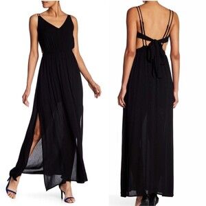 Rokoko Black Strappy Flowy Sleeveless Maxi Dress Sexy Side Slits Open Back LBD S